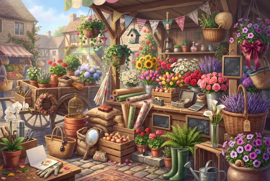 A flower market stall with bunting and baskets of blooms