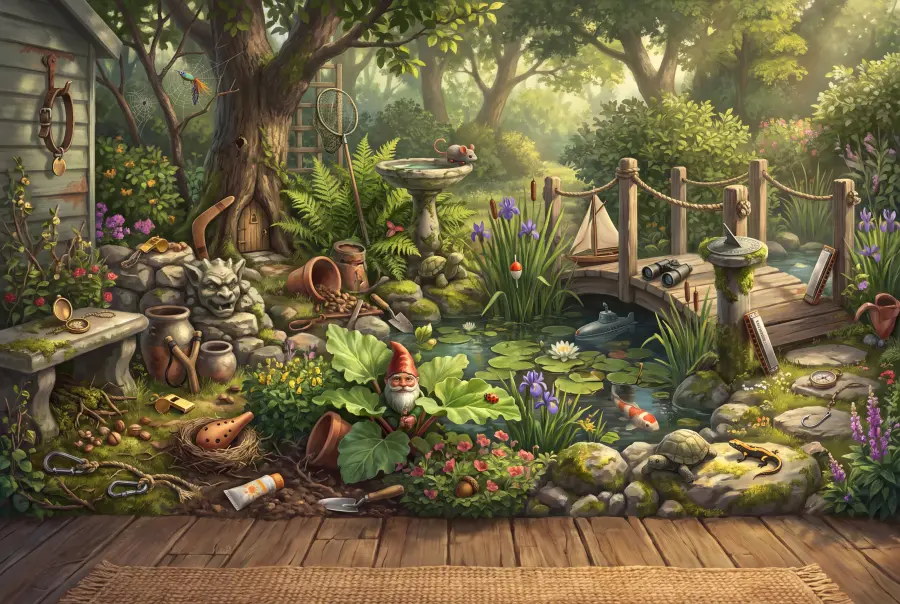 A mossy garden pond corner with stepping stones and a little bridge