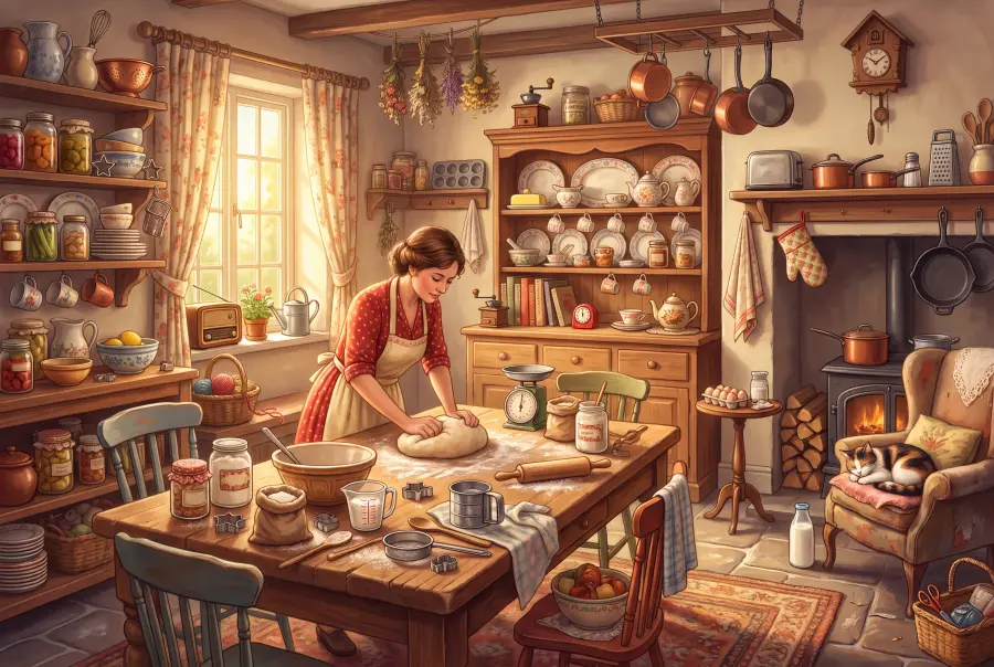 A cosy farmhouse kitchen with a baker kneading dough